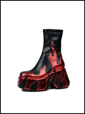 Faux Leather Red Flames Platform Ankle Boots Chunky Sole Zipper